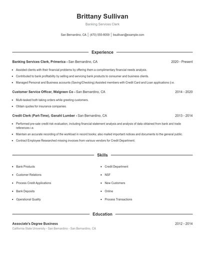 Banking Services Clerk Resume