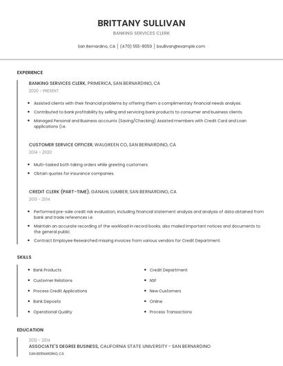 Banking Services Clerk Resume