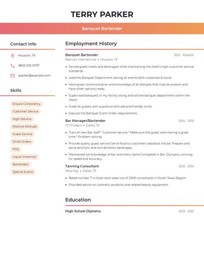 Banquet Bartender Resume