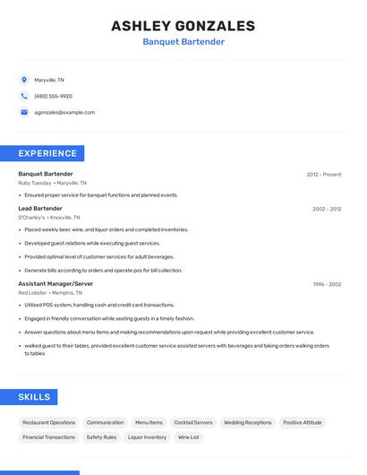 Banquet Bartender Resume