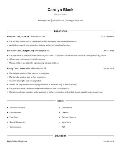 Banquet Cook Resume