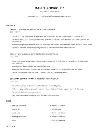 Banquet Coordinator Resume