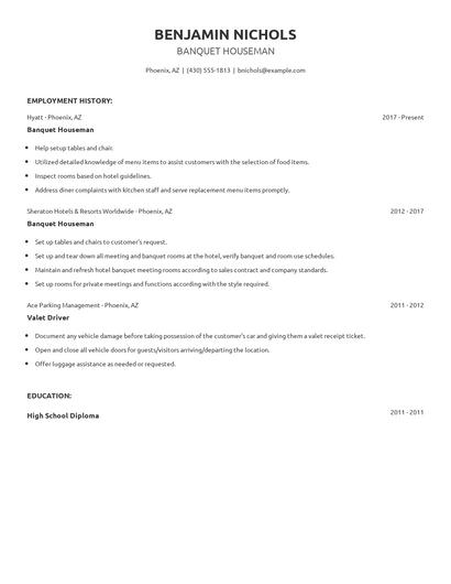 Banquet Houseman Resume