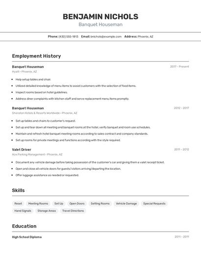 Banquet Houseman Resume