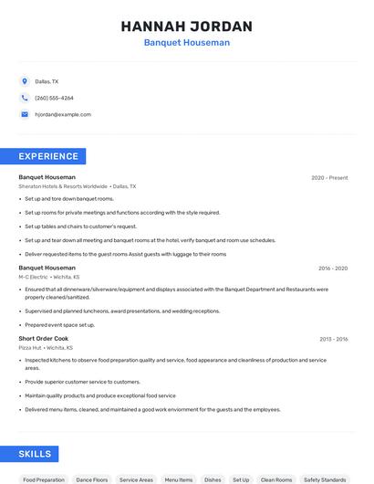 Banquet Houseman Resume