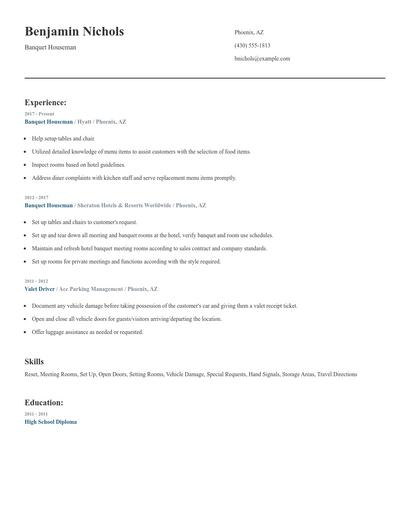 Banquet Houseman Resume