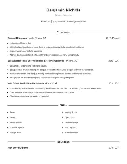 Banquet Houseman Resume