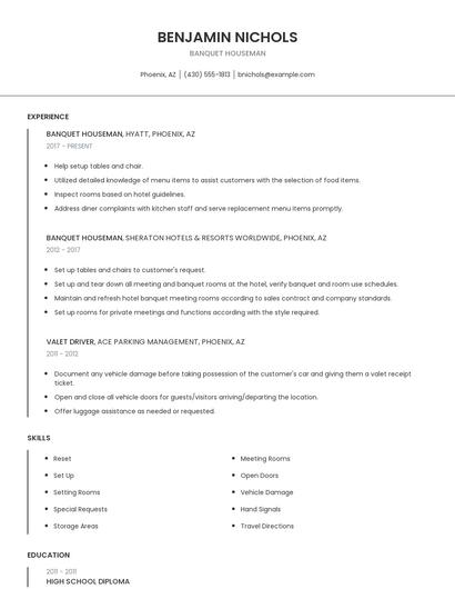 Banquet Houseman Resume
