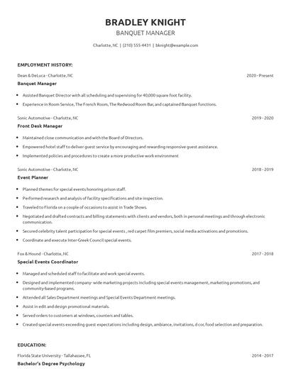 Banquet Manager Resume