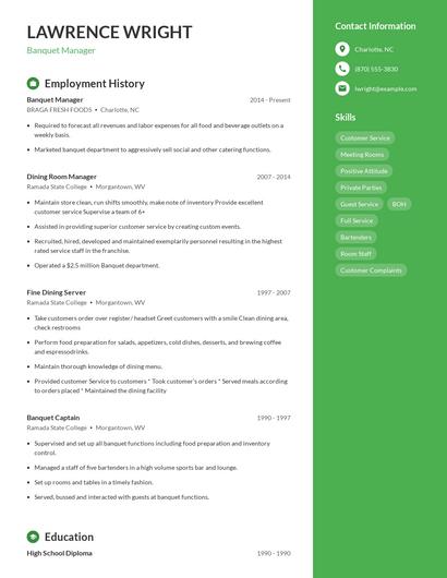 Banquet Manager Resume