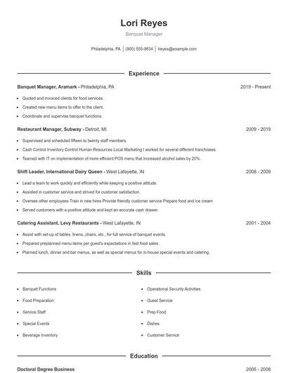 Banquet Manager Resume