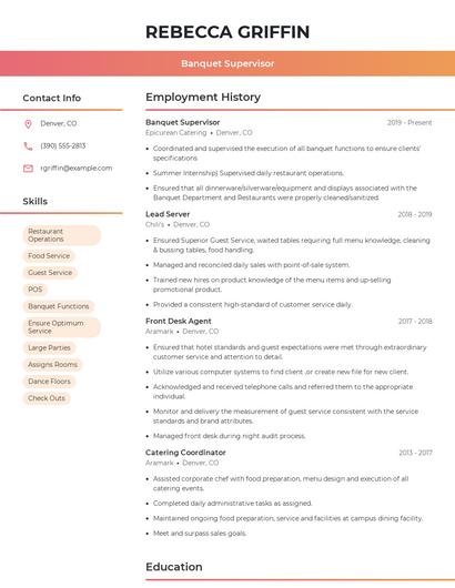 Banquet Supervisor Resume