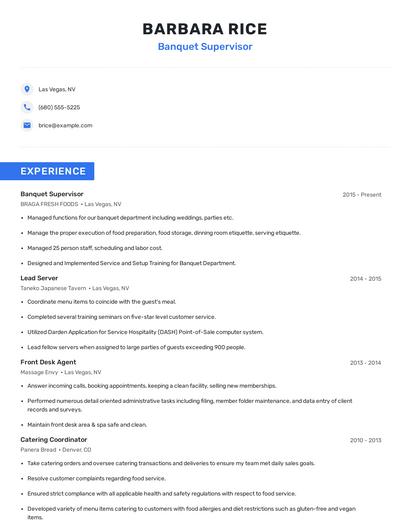 Banquet Supervisor Resume