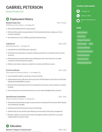 Banquet Supervisor Resume