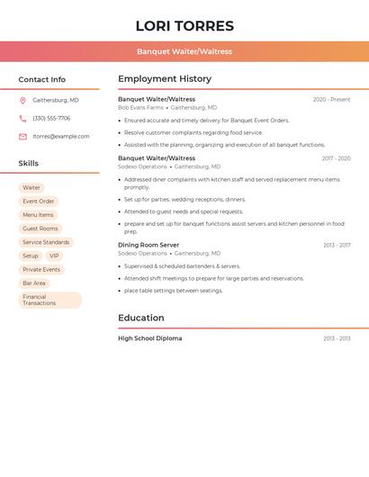 Banquet Waiter/Waitress Resume