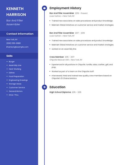 Bar And Filler Assembler Resume