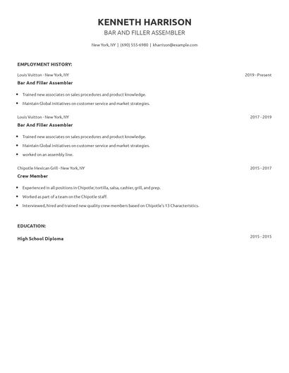 Bar And Filler Assembler Resume