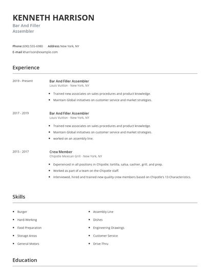 Bar And Filler Assembler Resume