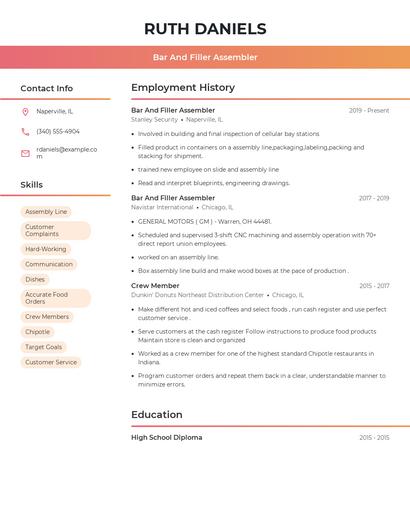 Bar And Filler Assembler Resume
