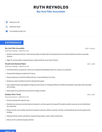 Bar And Filler Assembler Resume