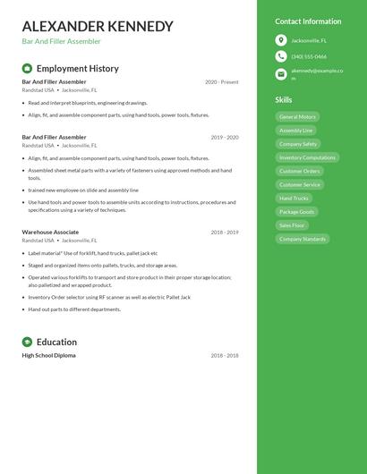 Bar And Filler Assembler Resume
