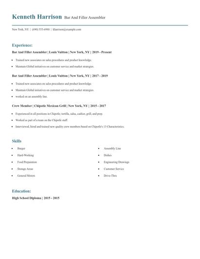 Bar And Filler Assembler Resume