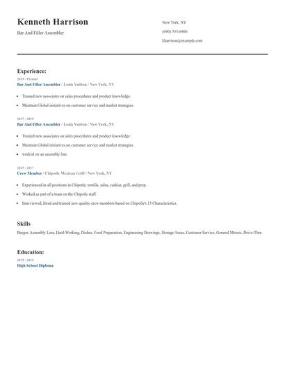 Bar And Filler Assembler Resume