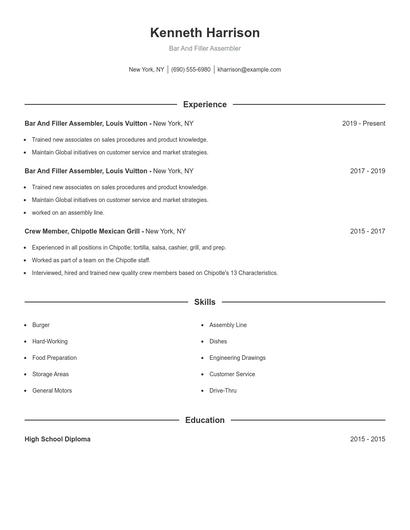 Bar And Filler Assembler Resume