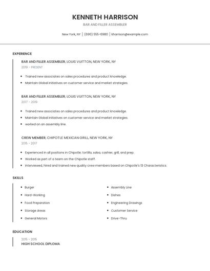 Bar And Filler Assembler Resume