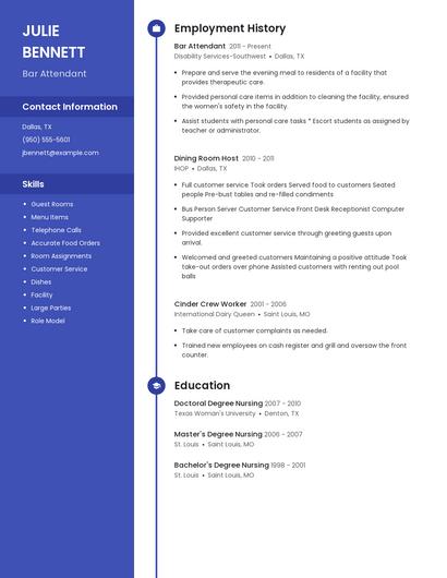 Bar Attendant Resume