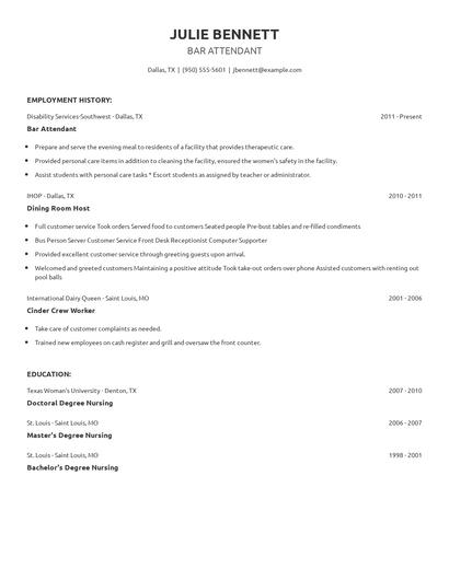Bar Attendant Resume