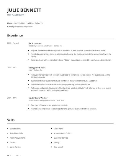 Bar Attendant Resume