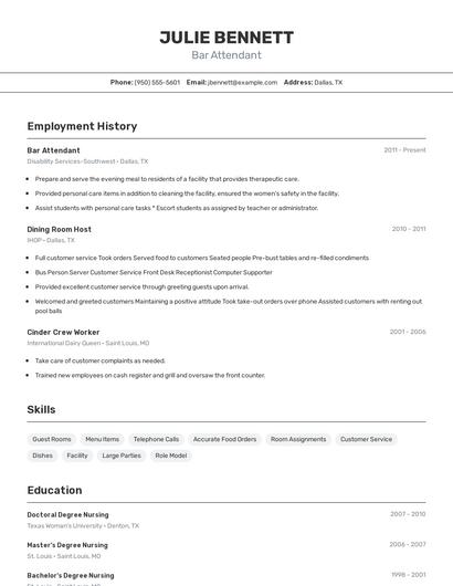 Bar Attendant Resume