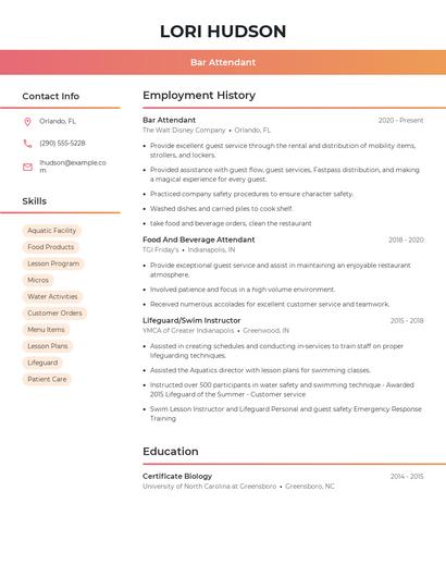 Bar Attendant Resume