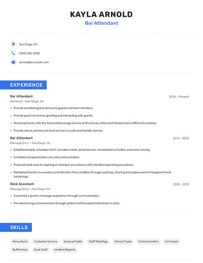 Bar Attendant Resume