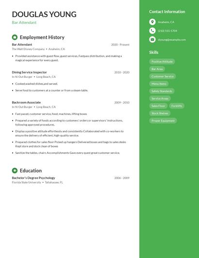 Bar Attendant Resume