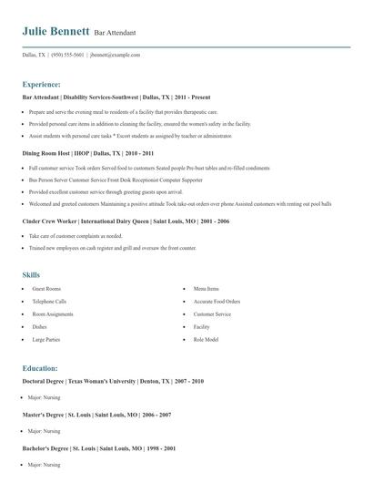 Bar Attendant Resume