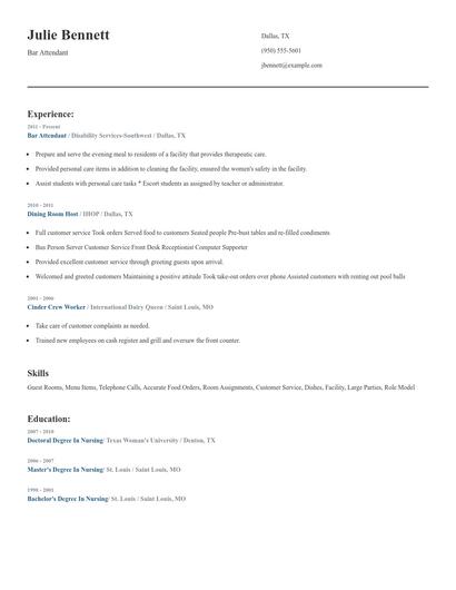 Bar Attendant Resume