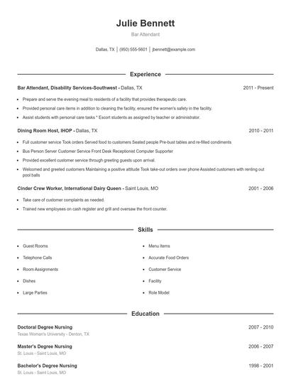Bar Attendant Resume