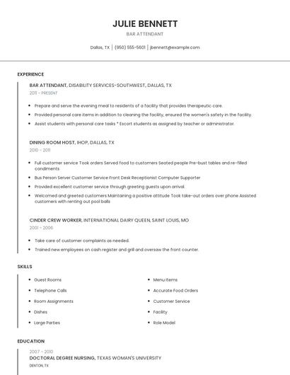 Bar Attendant Resume