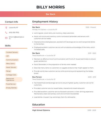 Bar Back Resume
