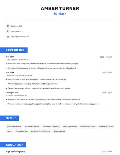 Bar Back Resume