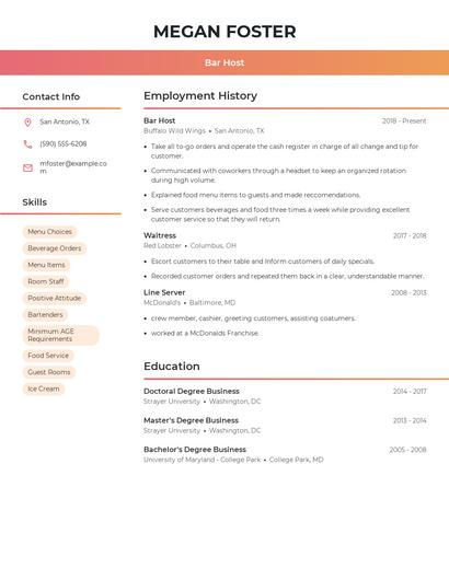 Bar Host Resume