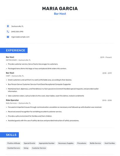 Bar Host Resume
