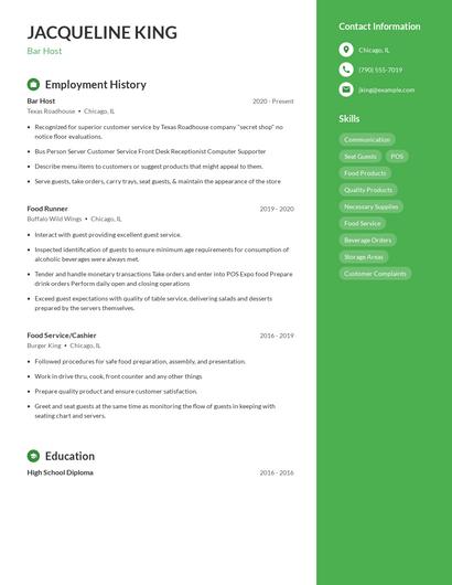 Bar Host Resume