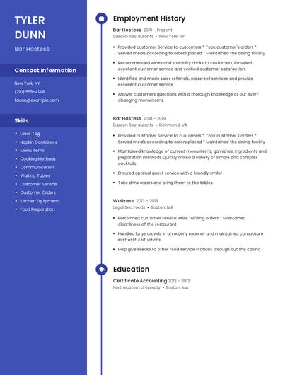 Bar Hostess Resume
