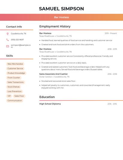 Bar Hostess Resume