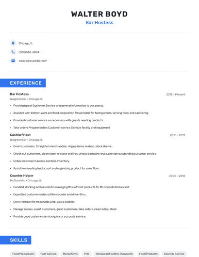 Bar Hostess Resume