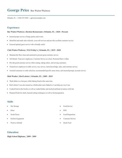 Bar Waiter/Waitress Resume