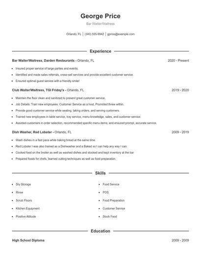 Bar Waiter/Waitress Resume